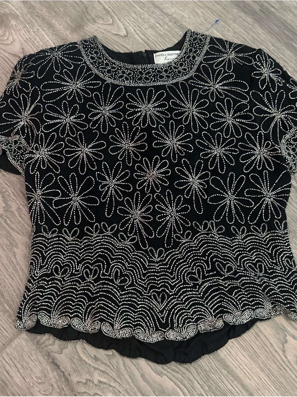 Papell Boutique Black Short Sleeve Beaded Floral Top